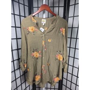 Fig & Flower Olive Green Floral Embroidered Roll Tab Sleeve Boho NEW